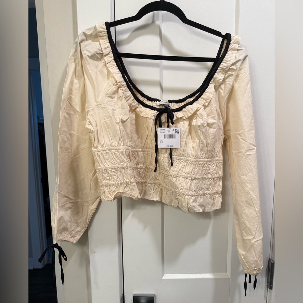 American Eagle Outfitters Cream Blouse with Black Trim